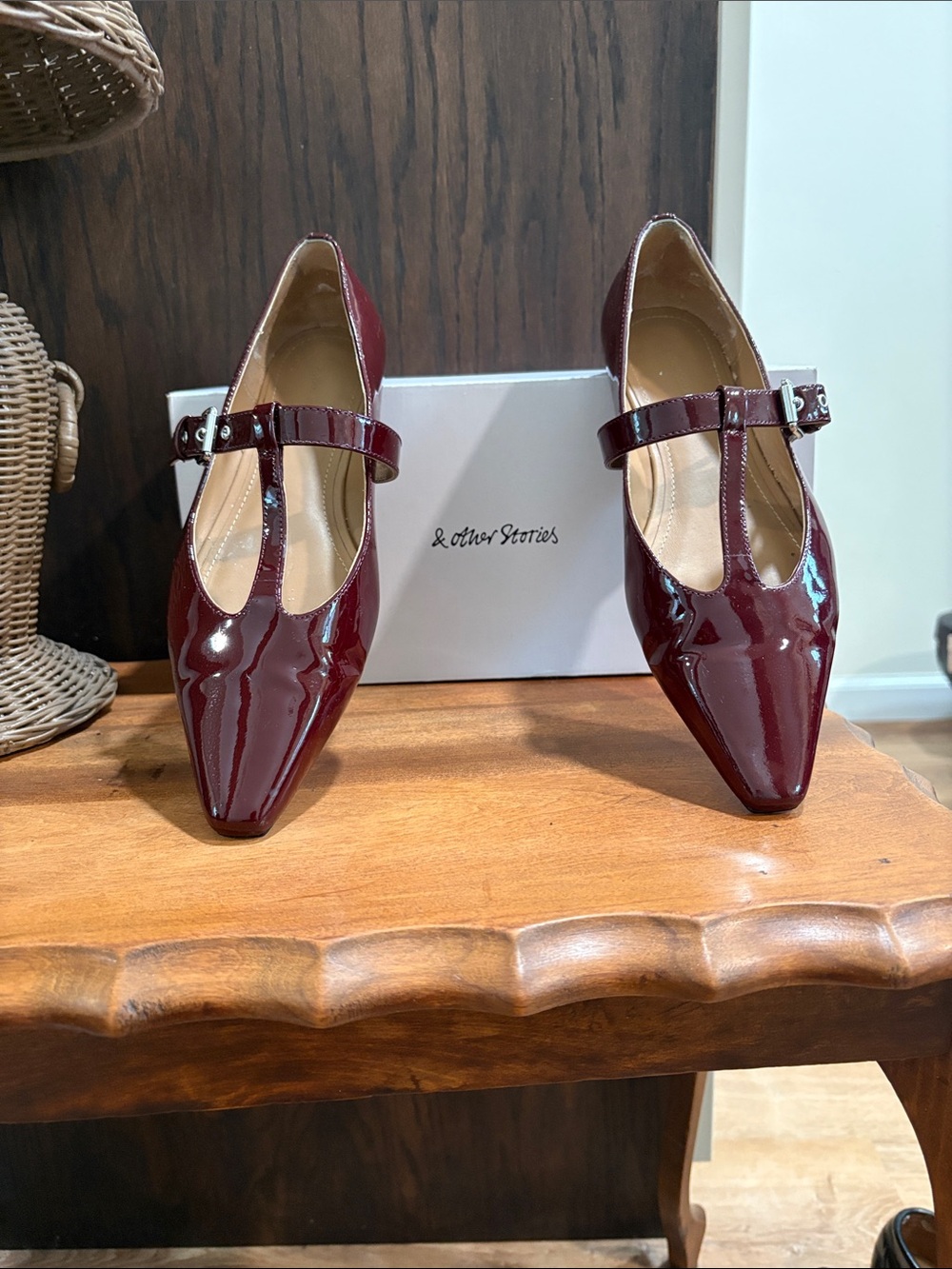 & Other Stories Burgundy Patent T-Strap Pointed Flats